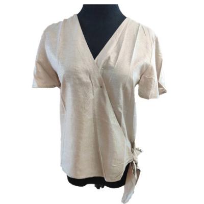 China V Neck Tie Loose Short Sleeve Women Blouse Shirt for sale