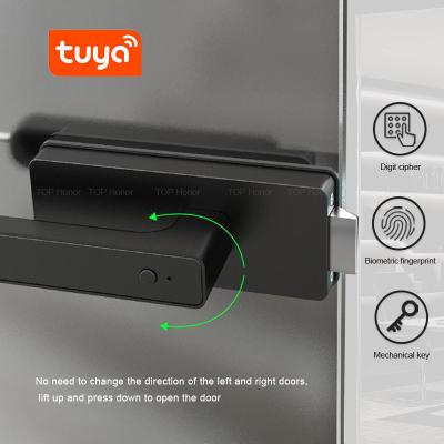 China Punch Free Smart Tuya Glass Door Lock Black Aluminium Alloy Semi Auto For Office en venta