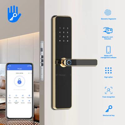 中国 TT Lock Gold Smart Front Door Locks Anti Peep Password Fingerprint Card Acess 販売のため