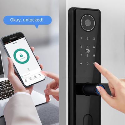 China Black Peephole Camera Smart Fingerprint Door Lock Tuya Biometric Code Card Access for sale