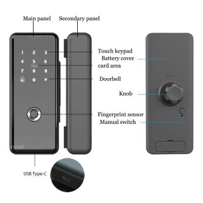 China Lithium Battery Smart Glass Door Lock 2pcs IC Cards No Drilling Smart Home Integration for sale