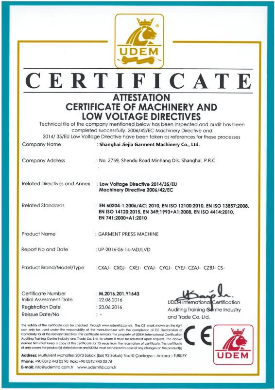 CE CERTIFICATE - shanghai jiejia garment machinery co .,ltd