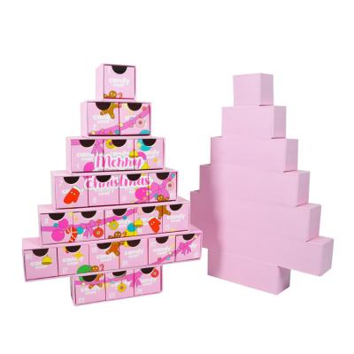 China White Cardboard Nail Polish Pink Gift Box Advent Countdown Calendar Christmas Tree Shaped Blind Box With 24 Drawers for sale