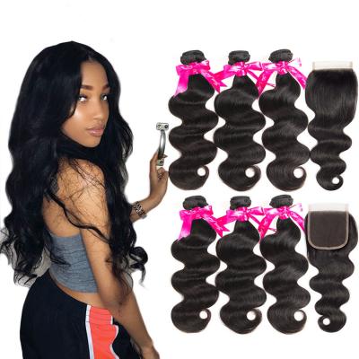 China Soft Cambodian Virgin Hair Body Wave 10A Double Weft Bundles With Top Lace Closure for sale