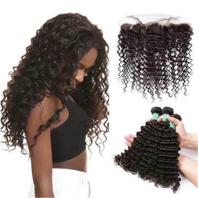 China Smooth Deep Wave Bundles With Lace Frontal 8A Virgin Brazilian Hair / Soft Black Human Hair for sale