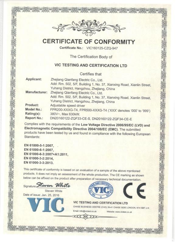 CERTIFICATE OF CONFORMITY - CHIFON ELECTRIC CO.,LIMITED