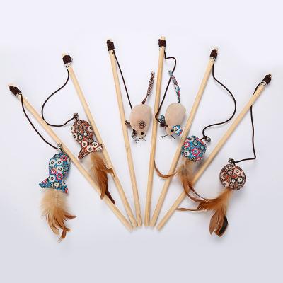China Chicken Shaped Cat Pet Toys Teaser Stick With Feather Wooden Toys For Cats for sale
