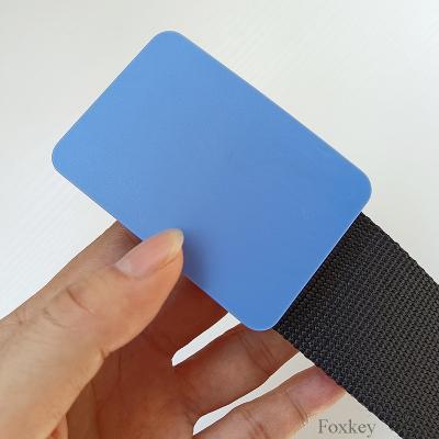 China Rectangle Plastic Buckle Belt Black Nylon Webbing Belt Logo Printable Blue Buckle for sale