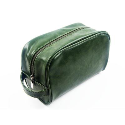 China Blackish Green Mens Waterproof Toiletry Bag / Full Grain Leather Dopp Kit With Handle for sale