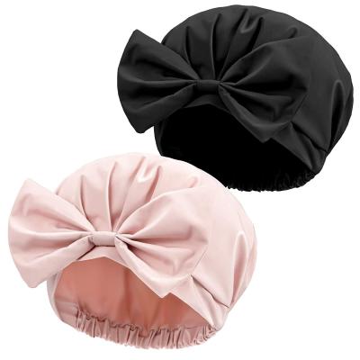 China Reusable Waterproof Shower Turban Pink Black Bowknot Extra Large Bouffant Shower Caps for sale