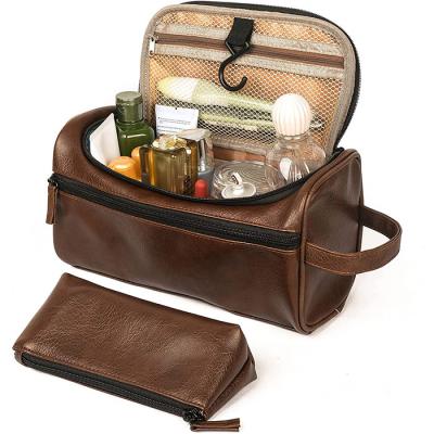 China Flexibility Brown Hanging Toiletry Makeup Bag For Women Pu Mens Leather Shave Bag for sale