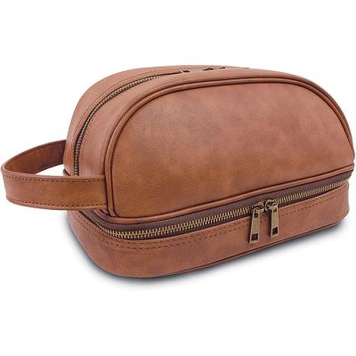 China Brown Pu Leather Toiletry Makeup Bag Perfect Construction For Organize 500Pieces for sale