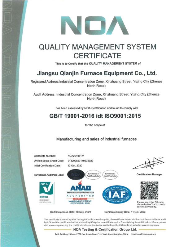 ISO9001 - Jiangsu Qianjin Furnace Industry Equipment Co.,Ltd