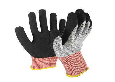 China HPPE Liner Level 5 Cut Resistant Gloves Latex Sandy Coating Red Cuff for sale