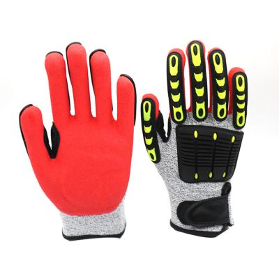 中国 蛍光切口5耐衝撃性TPRの手袋の反振動動力工具の使用法のための耐震性の油田鉱山の手袋 販売のため