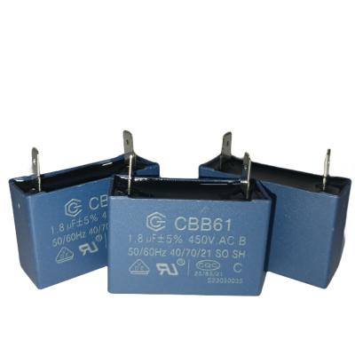 China Cbb61 1.8mfd 450V Blue AC Ceiling Fan Capacitor-Two Quick-connect Terminals for sale