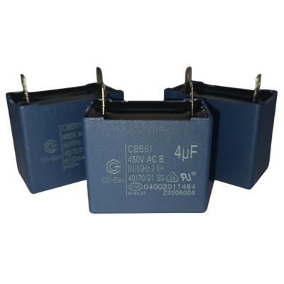 China Blue Air Conditioner Fan Capacitor CBB61 450V 4.0mfd With Self-Healing 10000 Hours for sale