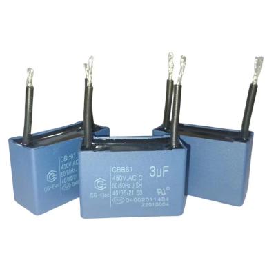 China 2 Wire Blue Air Conditioner Fan Capacitor CBB61 450V 3.0mfd With 30 Line Length for sale