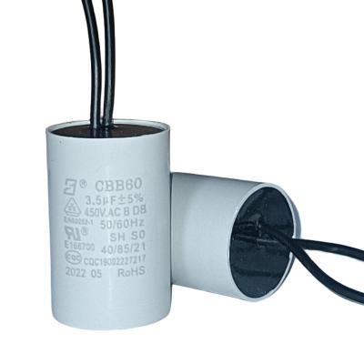 China CBB60 450V 3.5mfd 70 de longitud de línea condensador del motor de la bomba de agua con cáscara de plástico gris en venta