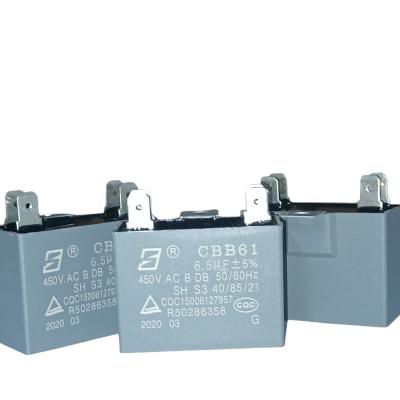 China CBB61 450V 6.5mfd B-Class Industrial Fan Capacitor Bent Iron Ear With Location Hole for sale