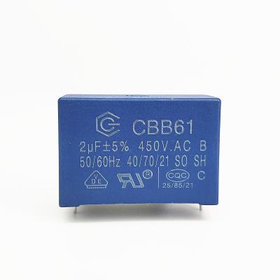 China CBB61 Air Conditioner Fan Capacitor 450V 2.0mfd CP-1.0mm Self Healing for sale
