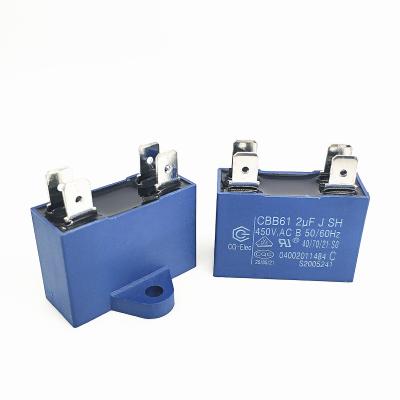 China CBB61 450V 2.0mfd 250 Terminal Air Conditioner Fan Capacitor Plastic Triangle With Location Hole for sale