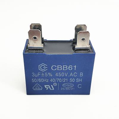 China CBB61 450V 3.0UF Condensador de aire acondicionado Condensador de ventilador 250 Terminal UL94V-0 en venta