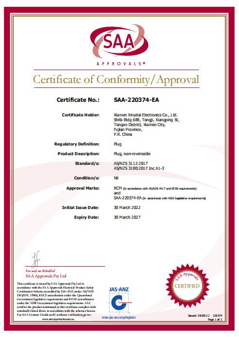 Certificate SAA-220374-EA AU - Xiamen Green Sun Technology Co., Ltd