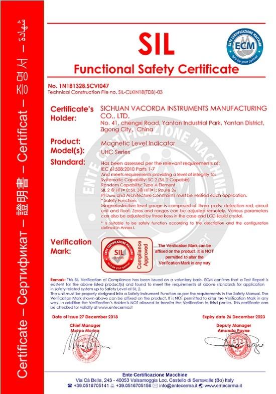 Functional Safety Certificate - Sichuan Vacorda Instruments Manufacturing Co., Ltd
