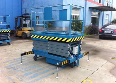 China 300kg Mobile Scissor Lift Rectangle Power Elevated Work Platform Blue for sale
