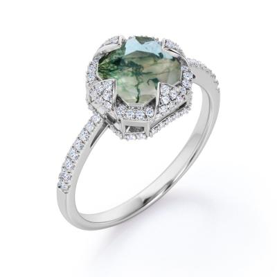 China Asscher Cut Opaque Milky Moss Green Agate and Moissanite - Pave Engagement Ring en venta