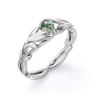 China Round Cut Moss Green Agate Leafy Single Stone Engagement Ring in White Gold for sale
