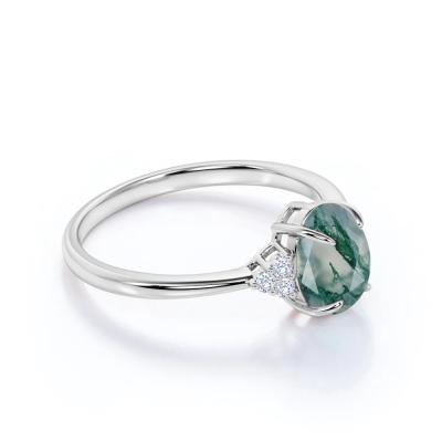 Chine Coupe ovale Moss Green Agate et Diamond Plain Shank Wedding Ring de carat de la pierre 1,1 du classique 7 en or blanc à vendre