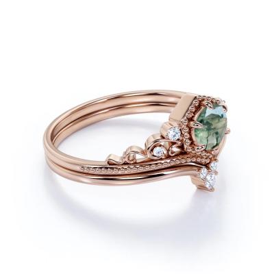 China Filigree Chevron Tiara 0.6 carat Round Cut Moss Green Agate and CZ Wedding Ring Set in Rose Gold for sale