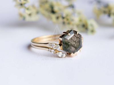 Chine Large Hexagon Moss Agate Statement  Wedding Cluster Ring Set à vendre