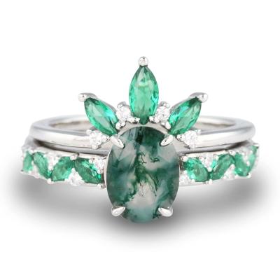 China Moss Agate Emerald Ring Set, aliança de casamento da promessa do presente da joia do aniversário à venda