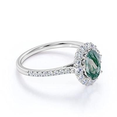 Chine Oval Moss Agate Moissanite Diamonds Floral Halo Engagement Ring Green Gemstone à vendre