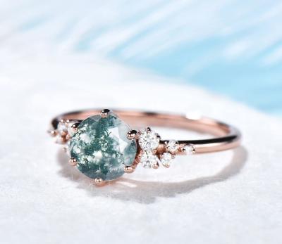 中国 Vintage Green Gemstone Snowdrift Cluster Wedding Ring Natural Moss Agate 販売のため