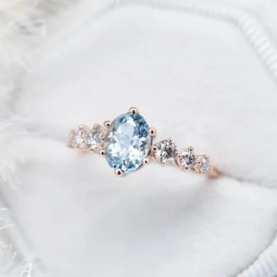 China Delicate Fantastic S925 Sterling Silver Rose Gold Round Cz Oval Blue Aquamarine Engagement Ring Cluster Dainty Rings for sale