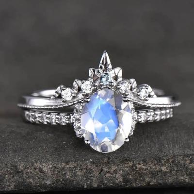 China White Gold Oval Moonstone Art Deco Unique Engagement Ring Set 925 Sterling Silver for sale