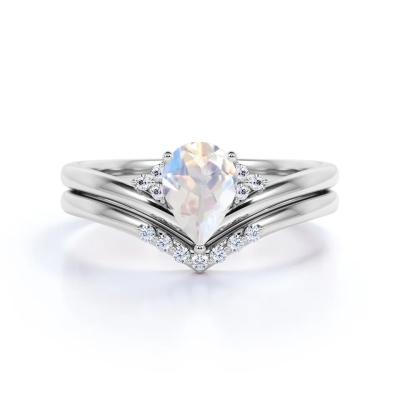 China S925 Gold Natural Pear Shape Cz Rainbow Moonstone Ring Boho Wedding Set à venda