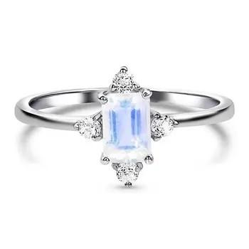 China White Gold Plated Emerald Cut Blue Moonstone Engagement Rings Sterling Silver en venta
