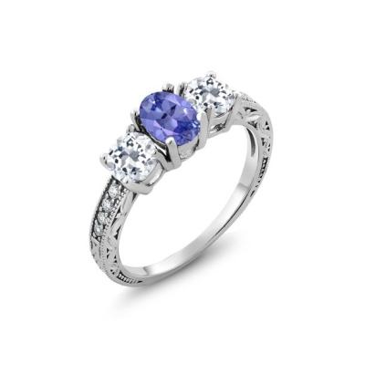 China Gem Stone King 925 Sterling Silver Blue Tanzanite and White Topaz Women's 3-Stone Ring for sale