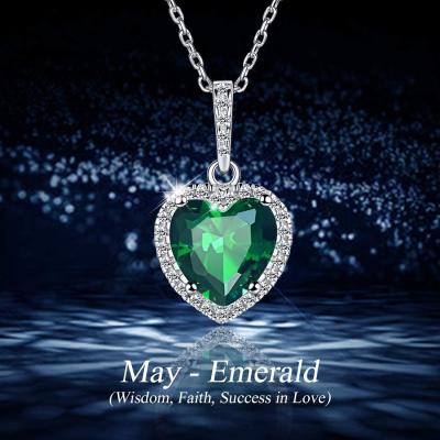 China Chic Silver 925 Sterling Silver Heart Pendant Necklace Simulated Emerald Birthstone Necklace for sale