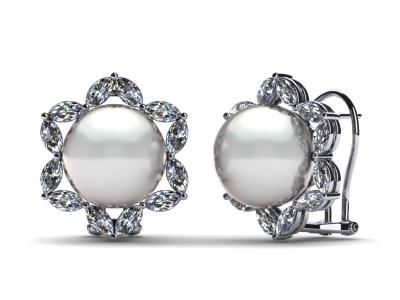China diamante do ouro 14K branco & pérola cultivada de água doce branca Marquise Earring à venda