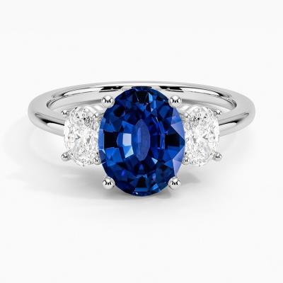 China Lab Created Sapphire Capella Three Stone Lab CZ Ring Set with 9x7mm Blue Oval Lab Created Sapphire for sale