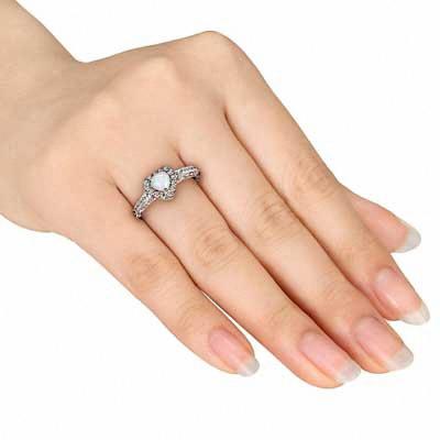 China 5.0mm Heart-Shaped Opal and 1/8 CT. T.W. CZ Frame Ring in Sterling Silver for sale