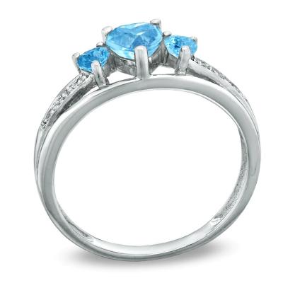 China Heart Shaped Blue Topaz and CZ Accent Three Stone Promise Ring 10K White Gold for sale