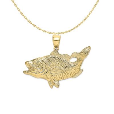 China Carat in Karats 10K Yellow Gold Open Mouth Bass Fish Pendant Charm With 14K Yellow Gold Lightweight Rope Chain Necklace for sale