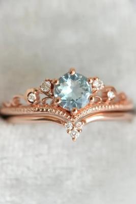 China Delicate S925 Rose Gold Plated Natural Round Shape Aquamarine Ring Women Jewelry for sale